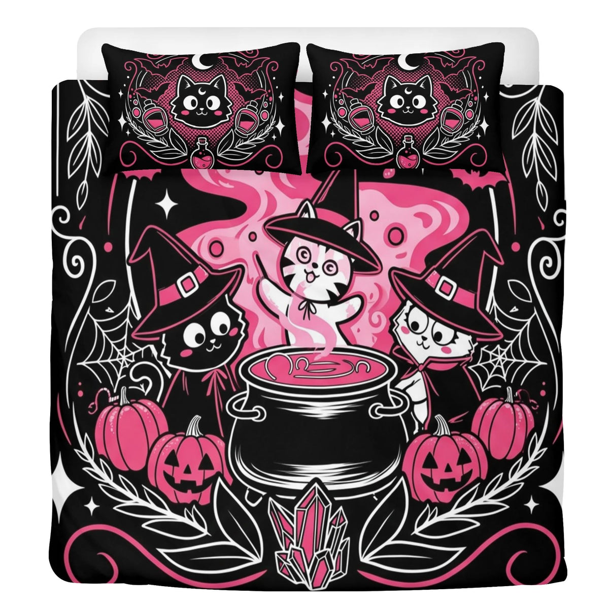 Pumpkin Witch Kitten Print - Three Piece Bedding Set