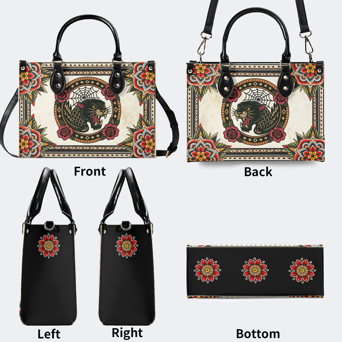 Black Panther Head Print - Leather Handbag