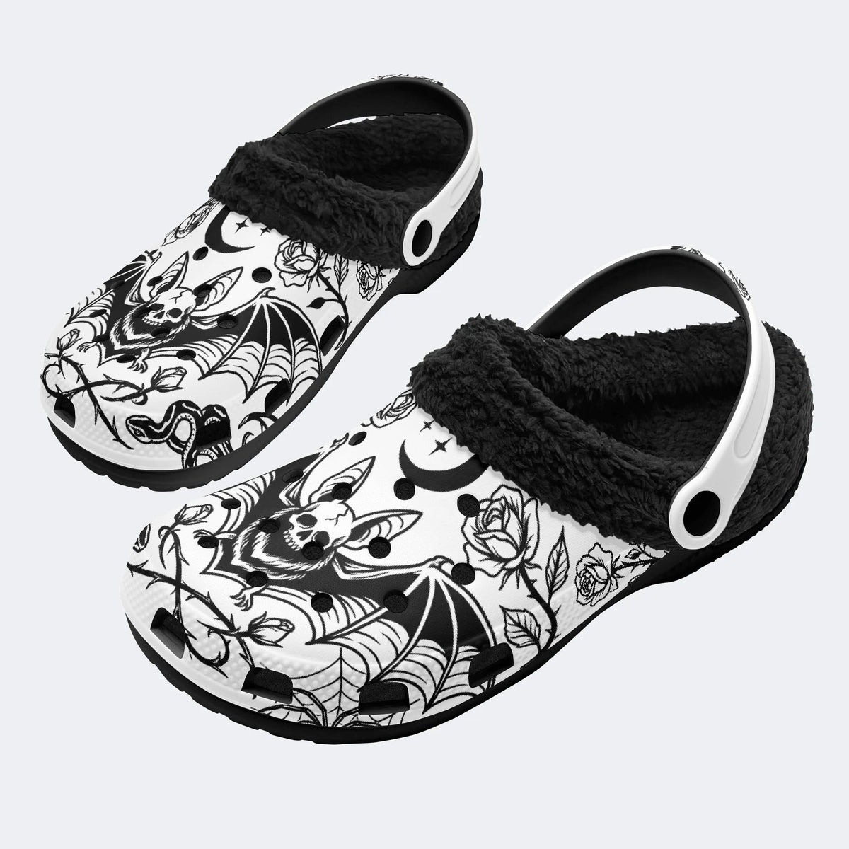 Gothic Bat Skull Rose - Fur Lined Slippers/Sandals
