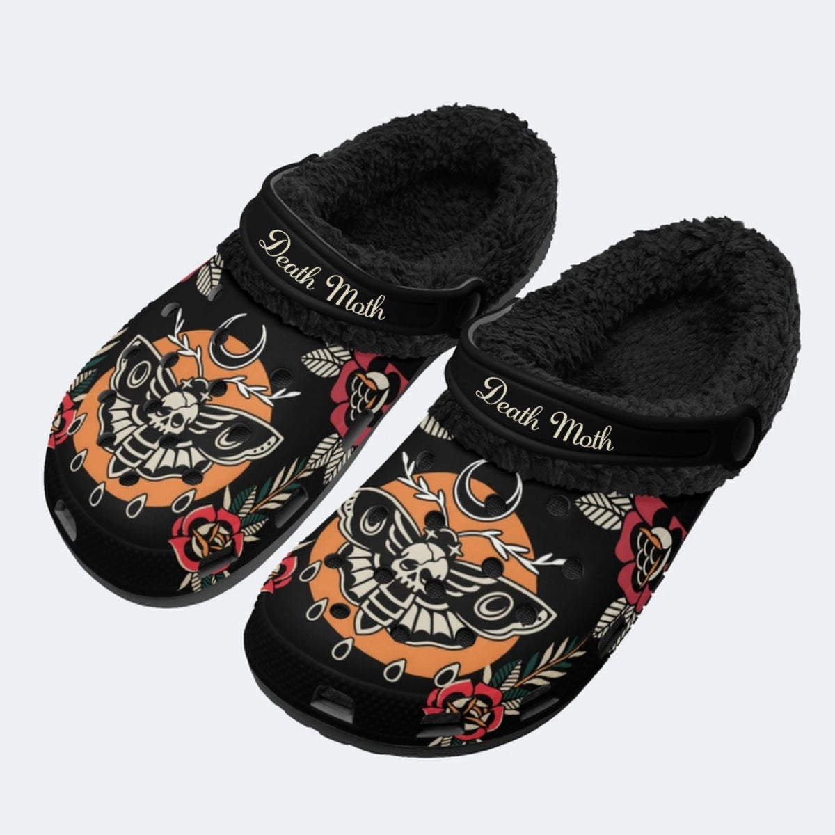 Personalized Name Death Moth Vintage Print - Fur Lined Slippers/Sandals