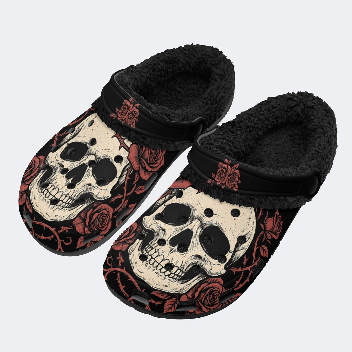 Gothic Skull Red Rose - Fur Lined Slippers/Sandals