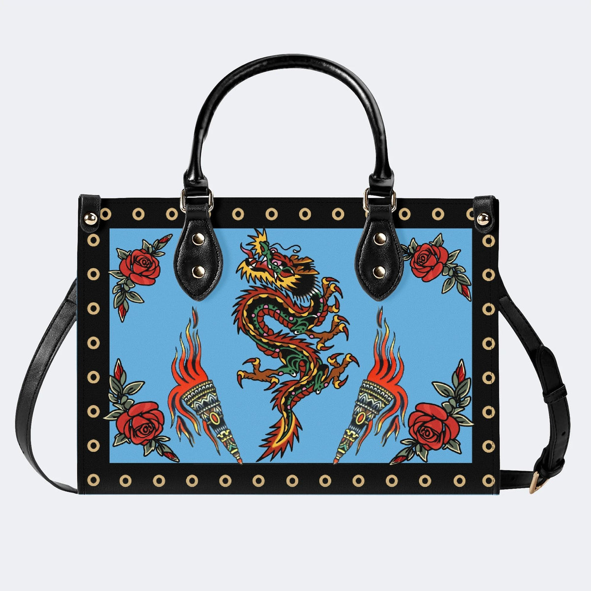 Vintage Torch And Dragon Print - Leather Handbag