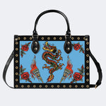 Vintage Torch And Dragon Print - Leather Handbag