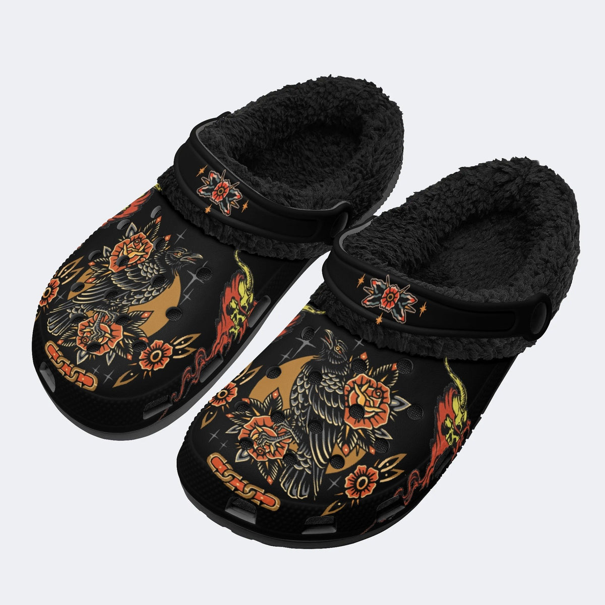 COUPLE SET-Old School Crow Rose Art Print - Fur Lined Slippers/Sandals
