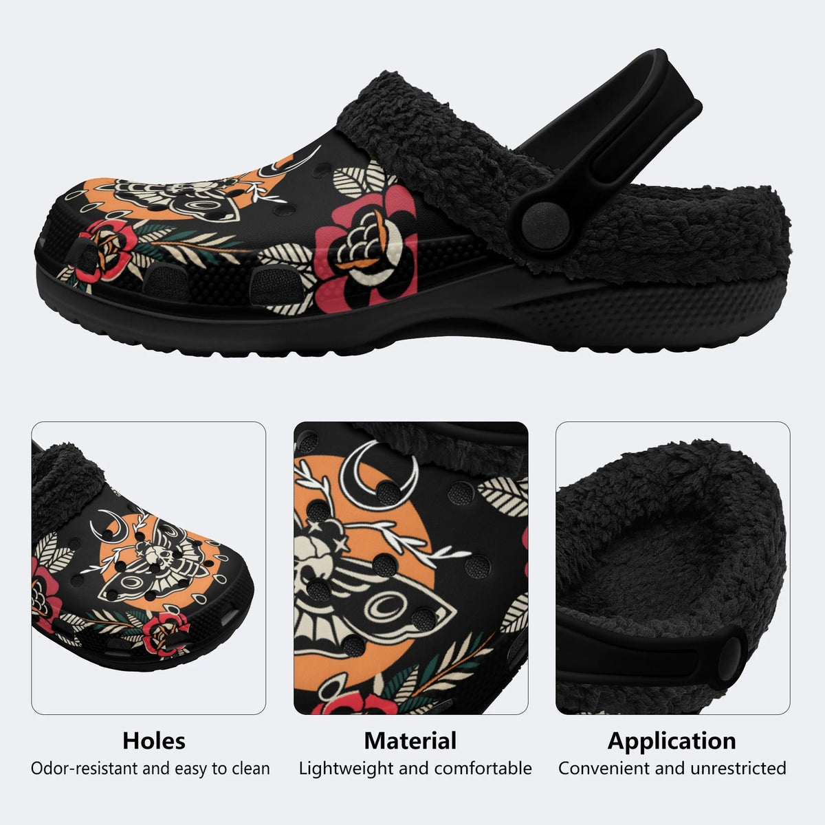 Couple Set-Death Moth Vintage Print - Fur Lined Slippers