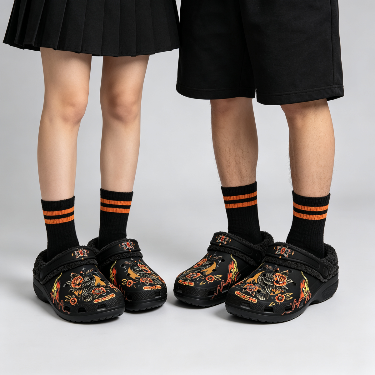 COUPLE SET-Old School Crow Rose Art Print - Fur Lined Slippers/Sandals